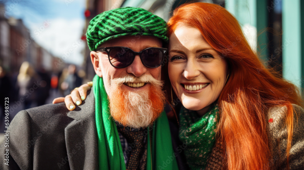 Family of Irish senior people dressed for celebration of St. Patrick's Day on city street. 60yo Love story
