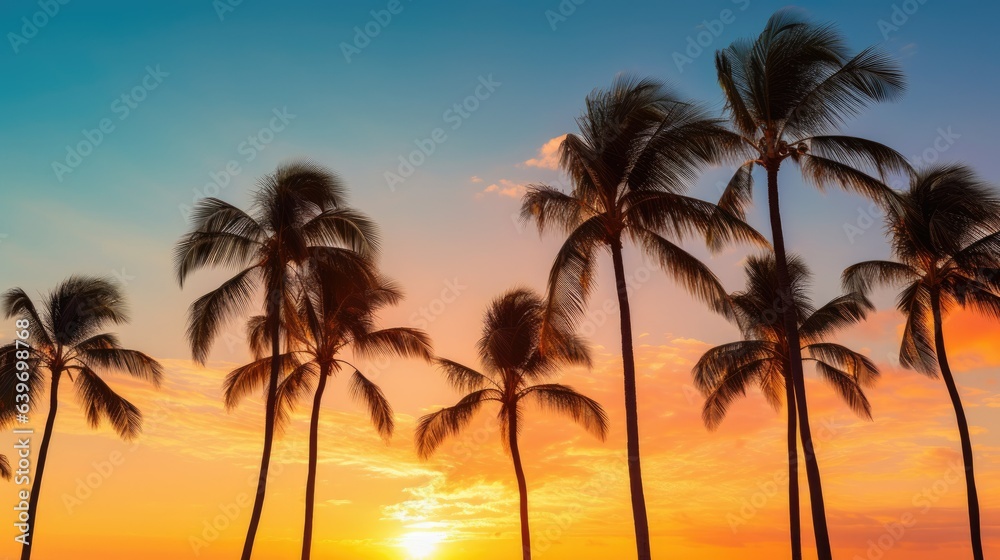Golden Serenity: Tranquil Palm Trees Silhouetted Against a Deep Blue Sky, Basking in the Warm Glow of the Setting Sun