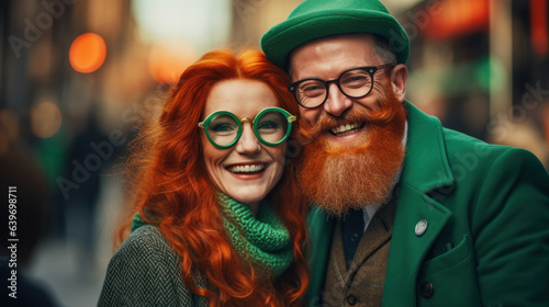 Family of Irish senior people dressed for celebration of St. Patrick's Day on city street. 60yo Love story © PaulShlykov