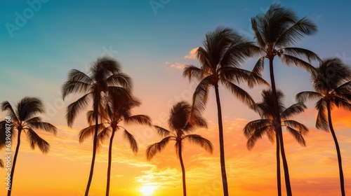 Golden Serenity  Tranquil Palm Trees Silhouetted Against a Deep Blue Sky  Basking in the Warm Glow of the Setting Sun