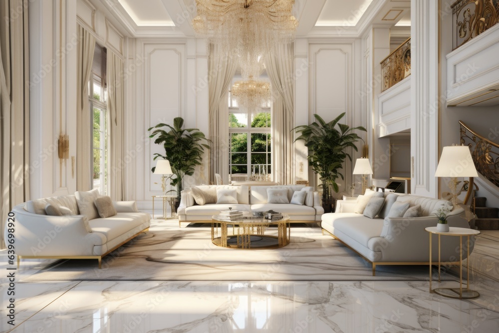 Hollywood regency style home interior design of modern living room in luxury villa