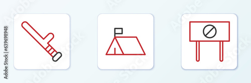 Set line Protest, Police rubber baton and camp icon. Vector
