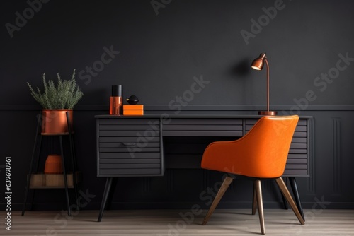 Home workplace with wooden drawer writing desk and orange chair near black wall with wainscoting. Interior design of  home office