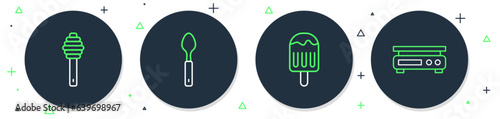 Set line Spoon, Ice cream, Honey dipper stick and Electronic scales icon. Vector