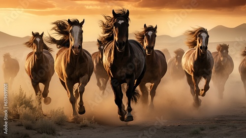 The sun is setting as a herd of wild horses gallops across a prairie  raising dust in their wake.
