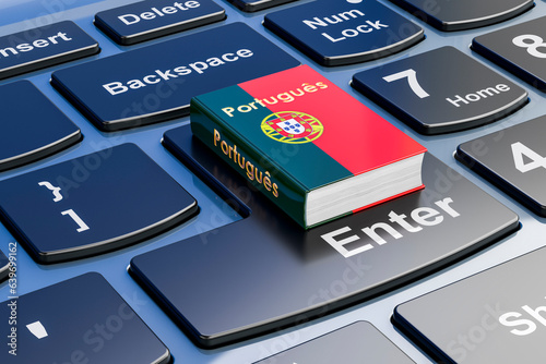 Portuguese language textbook on laptop keyboard. Online courses of Portuguese language, 3D rendering