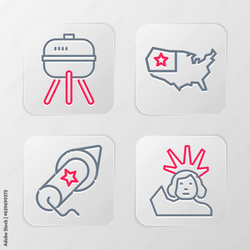 Set line Statue of Liberty, Firework, USA map and Barbecue grill icon. Vector Set line Statue of Liberty, Firework, USA map and Barbecue grill icon. Vector