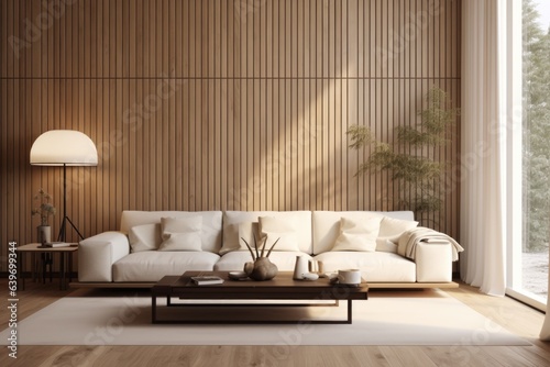 Japandi style interior design of modern living room with white sofa and wooden paneling wall