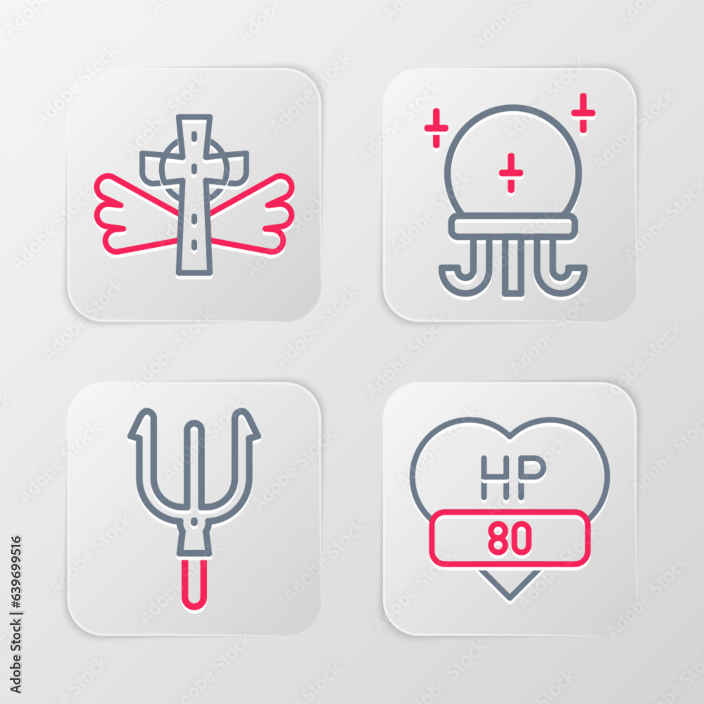 Set line Video game bar, Neptune Trident, Magic ball and Christian cross icon. Vector Set line Video game bar, Neptune Trident, Magic ball and Christian cross icon. Vector
