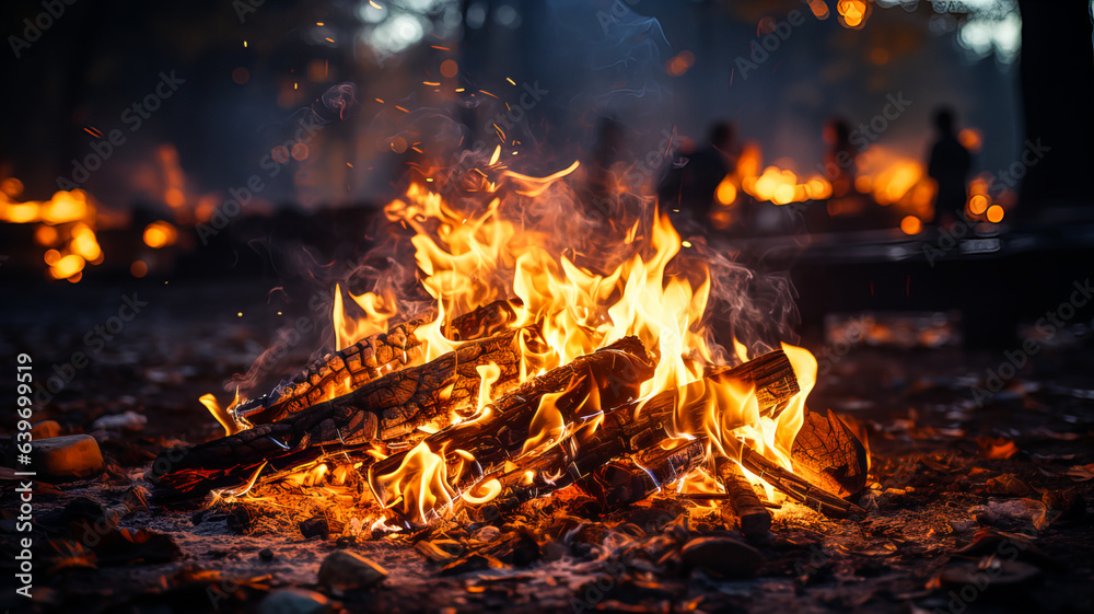 Bonfire with red-hot coals. A bright fire, the process of burning a pile of wood, with fire and sparks. On a dark background. Generative AI technology. Bonfire with red-hot coals. A bright fire, the process of burning a pile of wood, with fire and sparks. On a dark background. Generative AI technology.