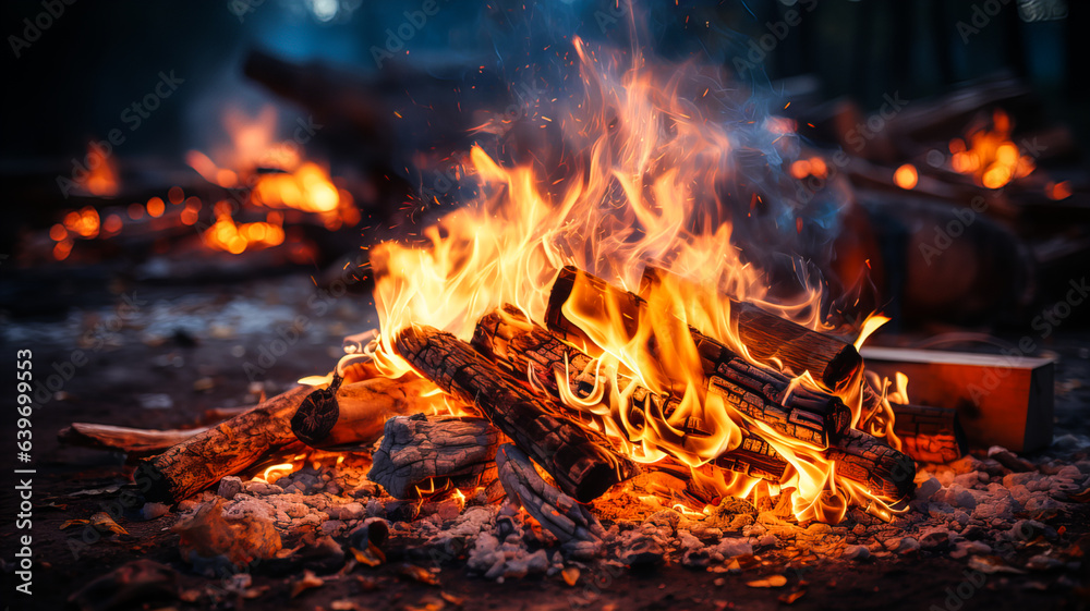 Bonfire with red-hot coals. A bright fire, the process of burning a pile of wood, with fire and sparks. On a dark background. Generative AI technology. Bonfire with red-hot coals. A bright fire, the process of burning a pile of wood, with fire and sparks. On a dark background. Generative AI technology.