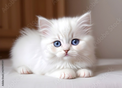 White Persian blue-eyed kitten in a light room. Generative AI