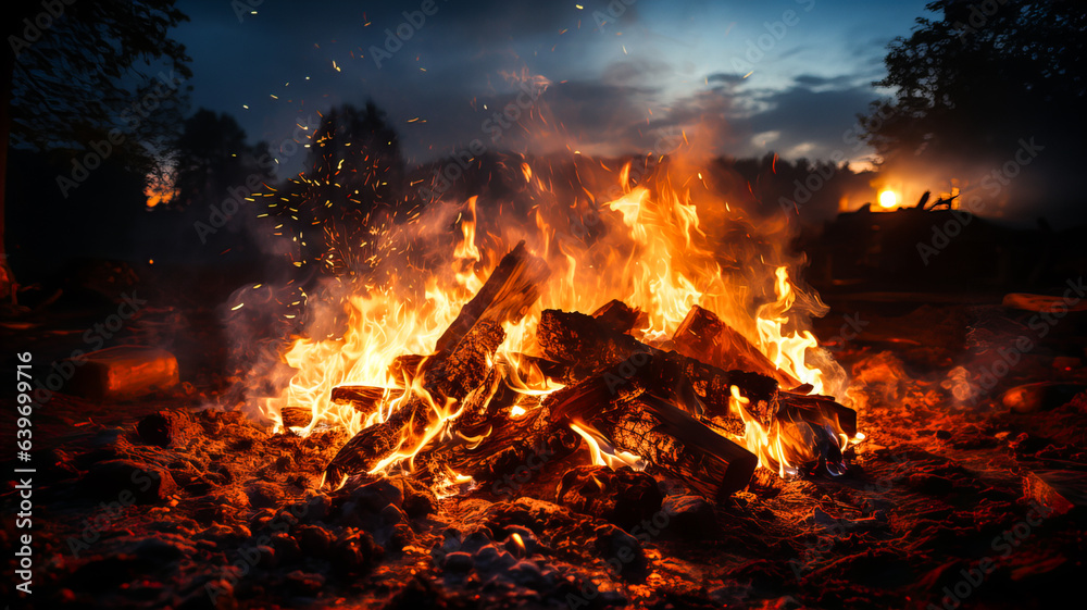 Bonfire with red-hot coals. A bright fire, the process of burning a pile of wood, with fire and sparks. On a dark background. Generative AI technology. Bonfire with red-hot coals. A bright fire, the process of burning a pile of wood, with fire and sparks. On a dark background. Generative AI technology.
