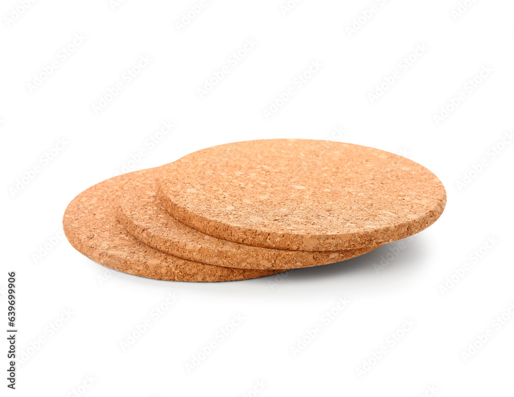 Round cork table coasters on white background Round cork table coasters on white background