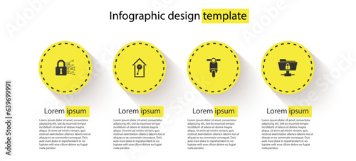 Set Cyber security, Retro wall watch, Scooter and FTP folder and lock. Business infographic template. Vector