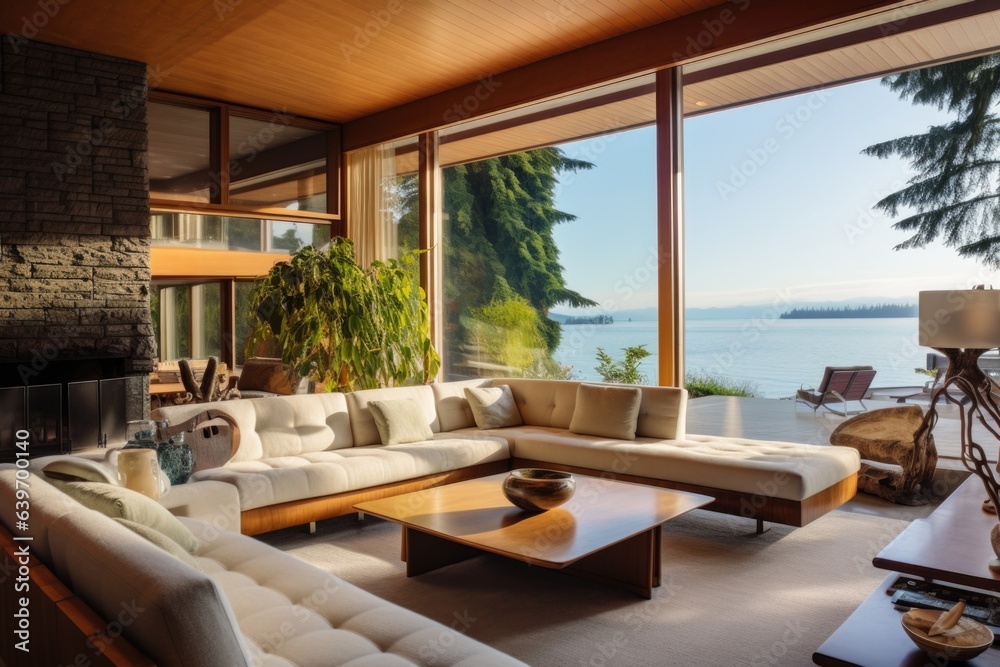 Fototapeta premium Mid-century coastal home interior design of modern living room in seaside villa