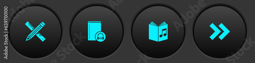 Set Crossed ruler and pencil, Audio book, and Arrow icon. Vector