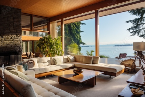 Mid-century coastal home interior design of modern living room in seaside villa © Interior Design