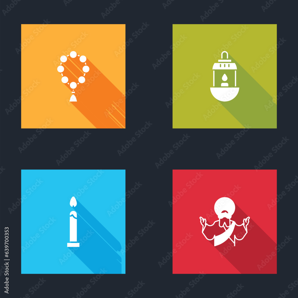 Set Rosary beads religion, Ramadan Kareem lantern, Burning candle and Jesus Christ icon. Vector Set Rosary beads religion, Ramadan Kareem lantern, Burning candle and Jesus Christ icon. Vector