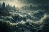 Tsunami, flood, wave covers the city and destroys. Generated AI.