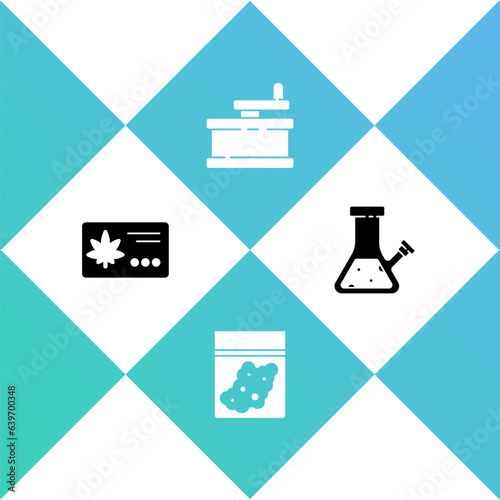 Set Calendar and marijuana leaf, Plastic bag of cannabis, Manual grinder and Glass bong for smoking icon. Vector
