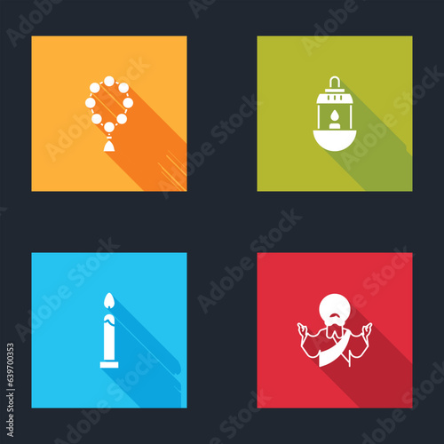 Set Rosary beads religion, Ramadan Kareem lantern, Burning candle and Jesus Christ icon. Vector