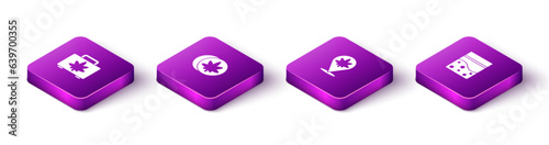 Set Isometric Shopping box of marijuana, Herbal ecstasy tablets, Location and and Plastic bag cannabis icon. Vector