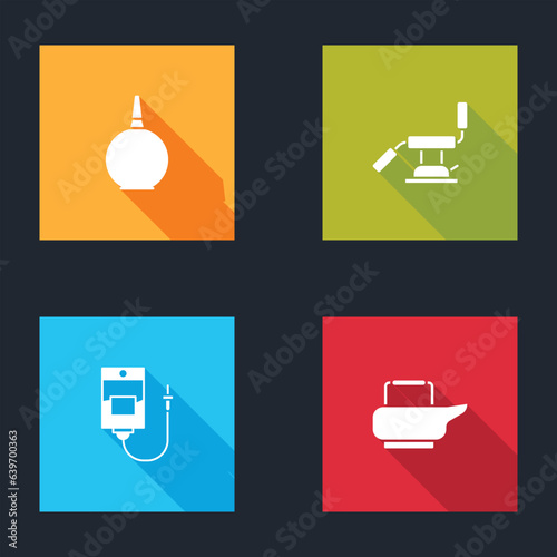 Set Enema, Medical dental chair, IV bag and Bedpan icon. Vector