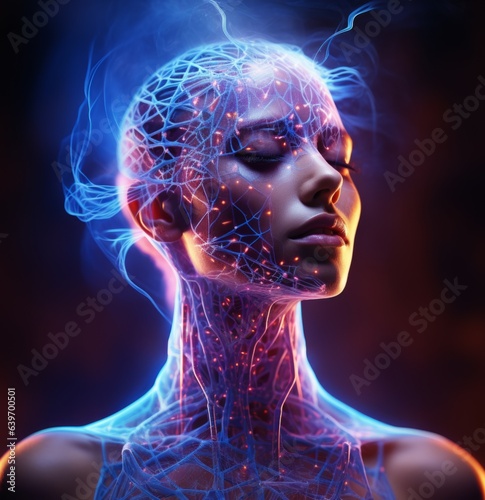 Woman head with glowing neurons in brain on dark blue background. Female head with a glowing nervous network.  AI generated double exposure of a woman with glowing energy in her face and head.
