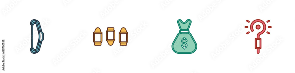 Fototapeta premium Set Medieval bow, Bullet, Old money bag and Magic wand icon. Vector