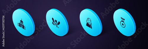 Set Isometric Medal with star, Benjamin Franklin, Eagle and White House icon. Vector