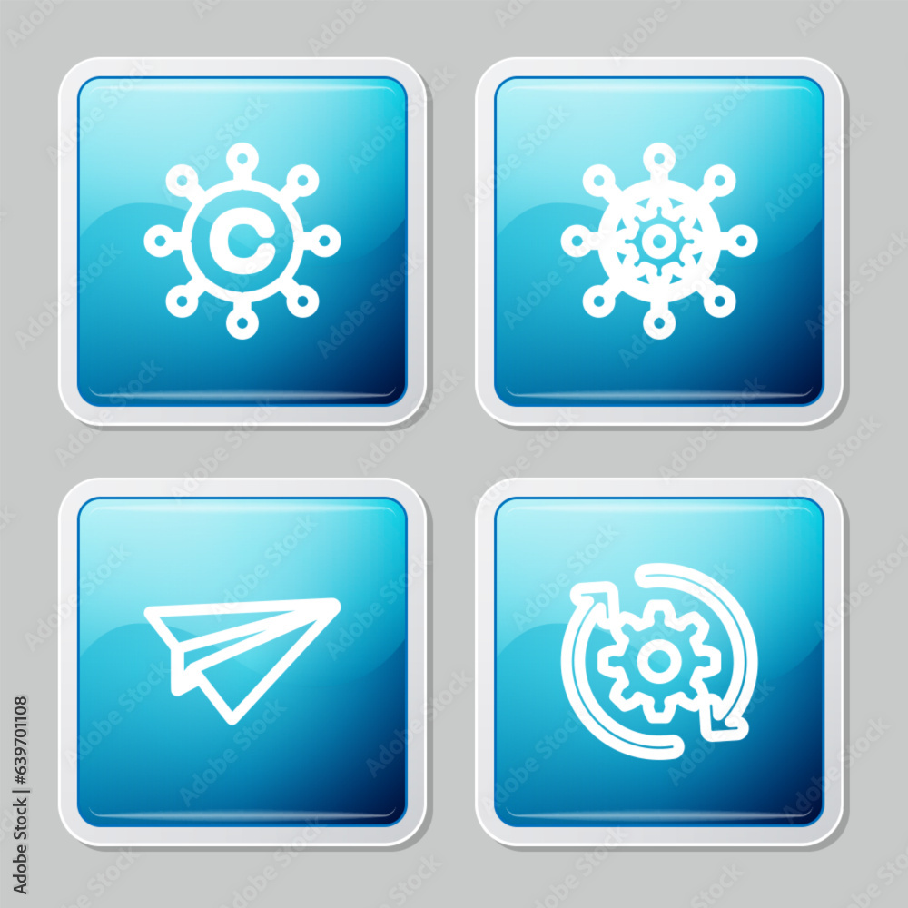 Set line Copywriting network, Project management, Paper plane and Gear and arrows as workflow icon. Vector Set line Copywriting network, Project management, Paper plane and Gear and arrows as workflow icon. Vector