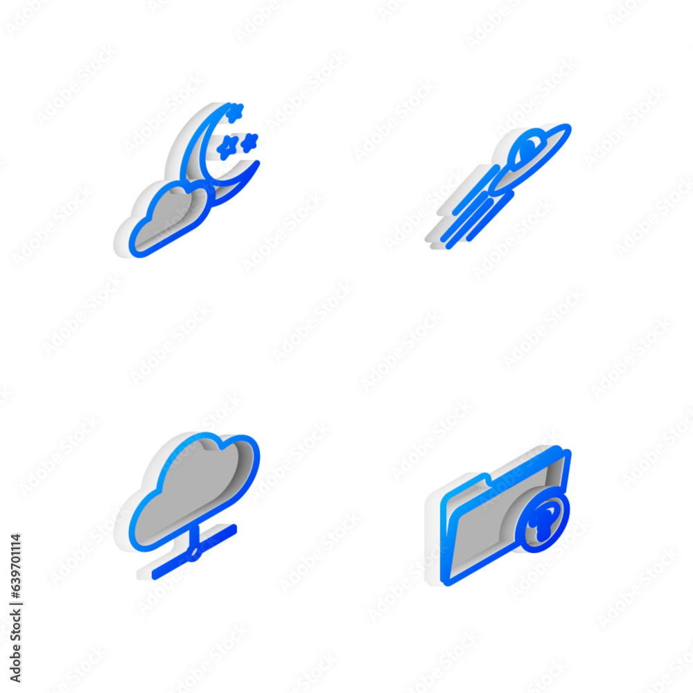 Set Isometric line UFO flying spaceship and alien, Cloud with moon stars, Network cloud connection and Unknown directory icon. Vector Set Isometric line UFO flying spaceship and alien, Cloud with moon stars, Network cloud connection and Unknown directory icon. Vector