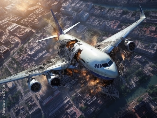High angle generative AI illustration of modern damaged commercial airplane crashing into deserted war torn modern city with smokes and fire at evening