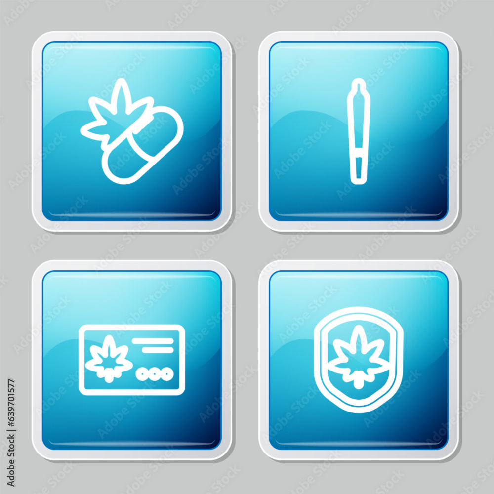 Set line Medical pills with marijuana, Marijuana joint, Calendar and leaf and Shield icon. Vector Set line Medical pills with marijuana, Marijuana joint, Calendar and leaf and Shield icon. Vector