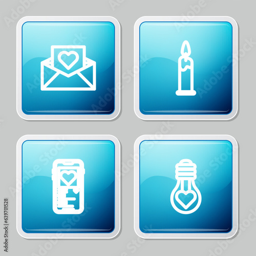 Set line Envelope with Valentine heart, Burning candle, Mobile and Heart shape light bulb icon. Vector