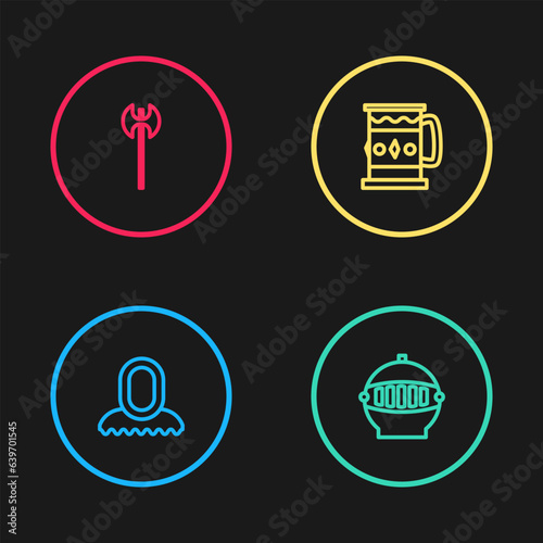 Set line Medieval hood, iron helmet, Wooden mug and axe icon. Vector