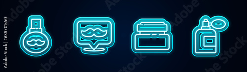 Set line Beard and mustaches care oil bottle, Barbershop, Cream or lotion cosmetic tube and Aftershave with atomizer. Glowing neon icon. Vector