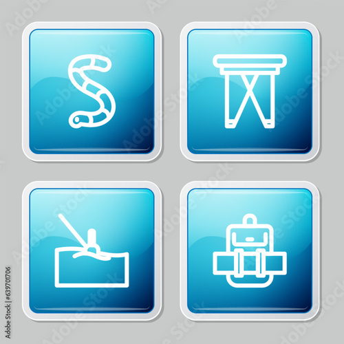 Set line Worm, Folding chair, Fishing float water and Hiking backpack icon. Vector