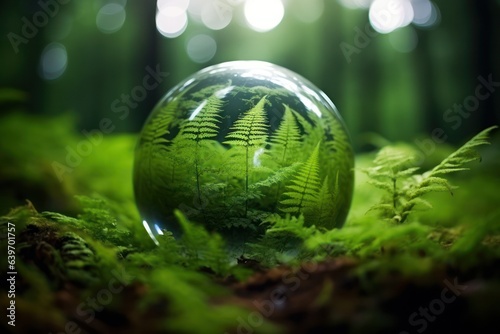 Eco-Conscious Elegance. Thriving Green Plant Tree in Sphere. The glass orb acts as both a lens into nature\'s wonders and a reminder of the fragility of our environment.
