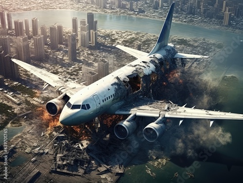 High angle generative AI illustration of modern damaged commercial airplane crashing into deserted war torn modern city with smokes and fire at evening