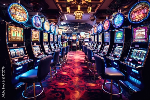 Many slot machines inside a casino photo
