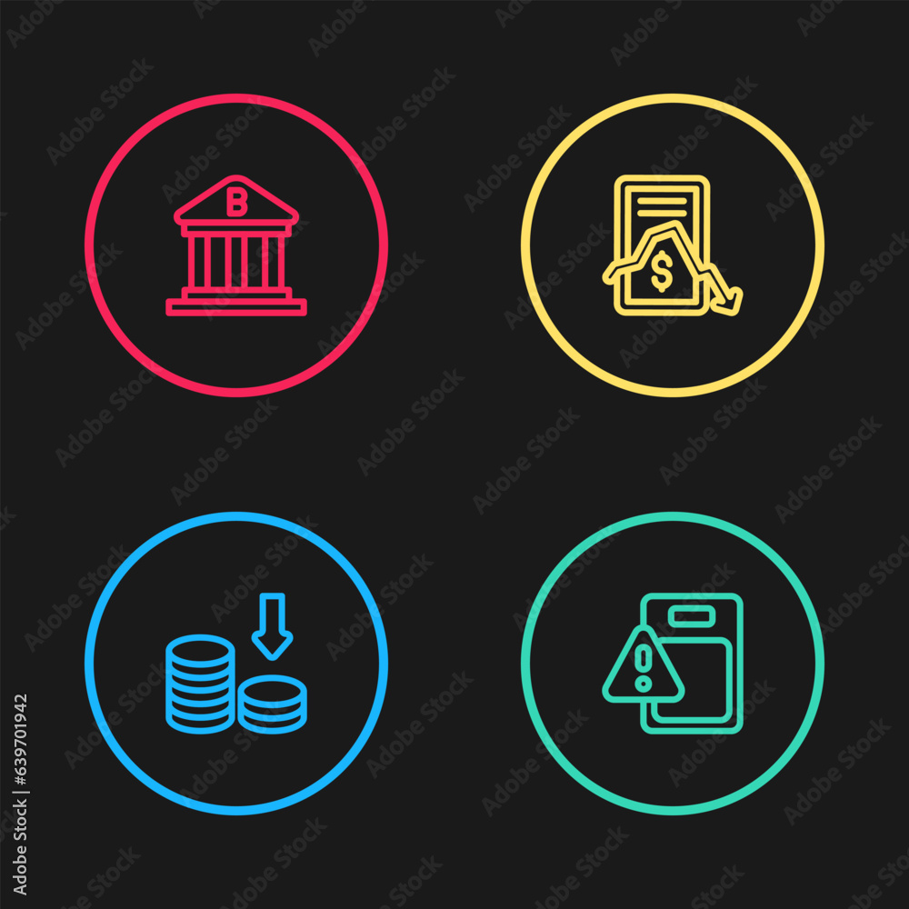 Set line Dollar rate decrease, Global economic crisis, Mobile stock trading and Bank building icon. Vector Set line Dollar rate decrease, Global economic crisis, Mobile stock trading and Bank building icon. Vector