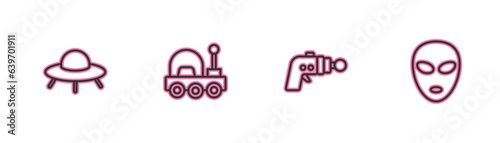 Set line UFO flying spaceship, Ray gun, Mars rover and Alien icon. Vector