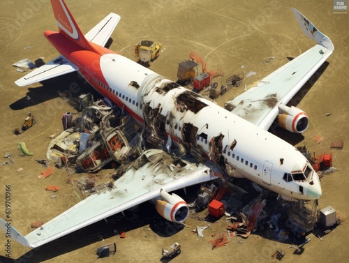 Generative AI illustration showing from above of modern commercial aircraft parked in crash on piles of garbage with refuse in airfield at daylight