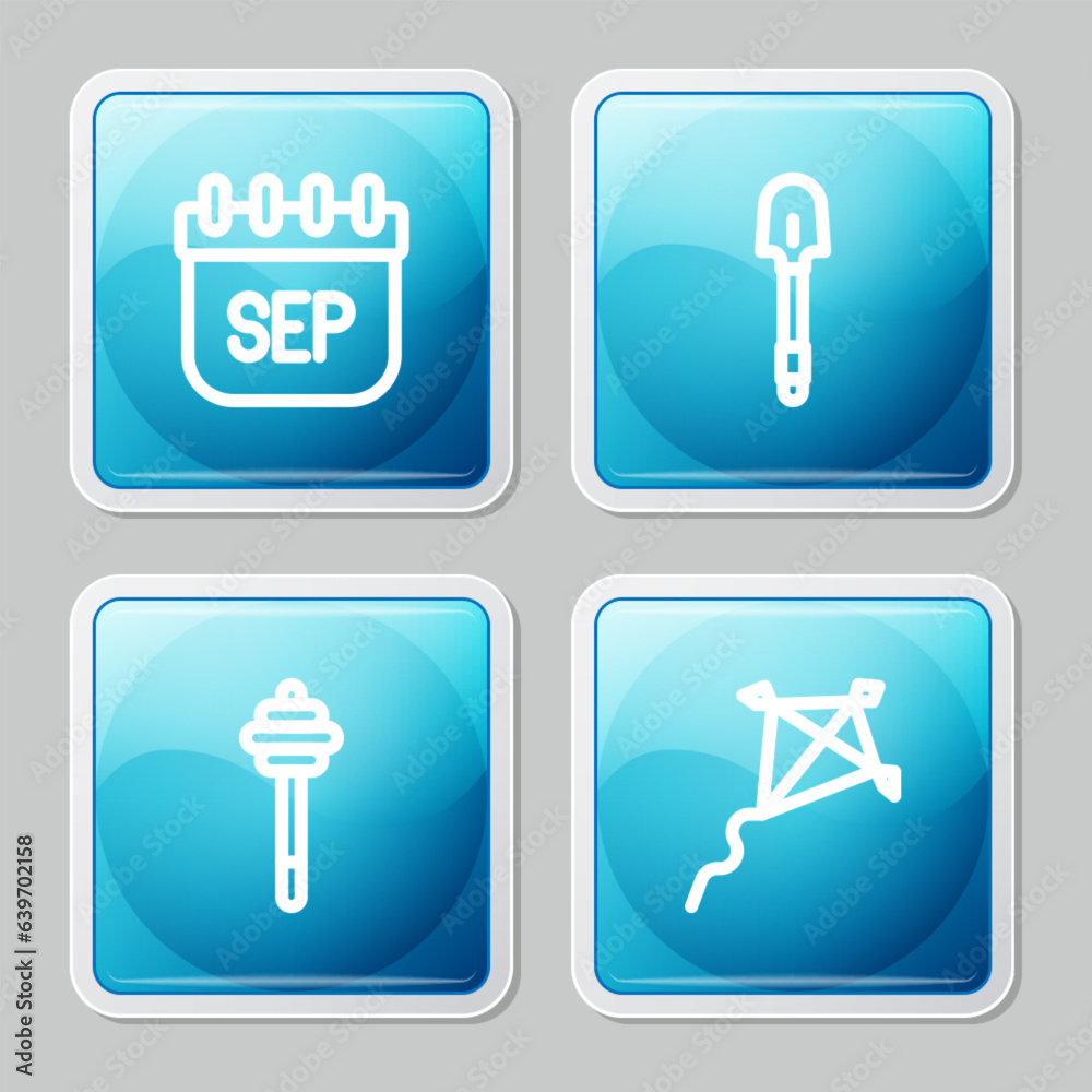 Set line September calendar autumn, Shovel, Honey dipper stick and Kite icon. Vector Set line September calendar autumn, Shovel, Honey dipper stick and Kite icon. Vector