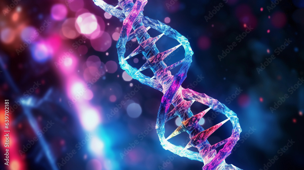 An extremely detailed, high - resolution image of a DNA double helix, brightly colored, glimmering with refracted light, against a dark laboratory backdrop. Reflections of chemical structures in the g