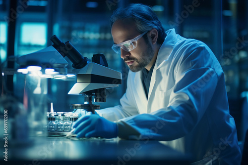 A biotechnologist, completely engrossed in work, under the focused, fluorescent lights of a high - tech laboratory, using a microscope, wearing protective eyewear and gloves, the intensity of scientif