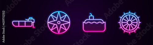 Set line Inflatable boat with motor, Wind rose, Submarine and Ship steering wheel. Glowing neon icon. Vector