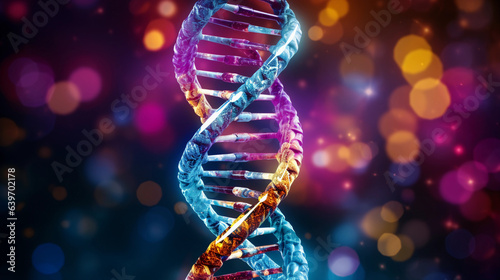 An extremely detailed, high - resolution image of a DNA double helix, brightly colored, glimmering with refracted light, against a dark laboratory backdrop. Reflections of chemical structures in the g